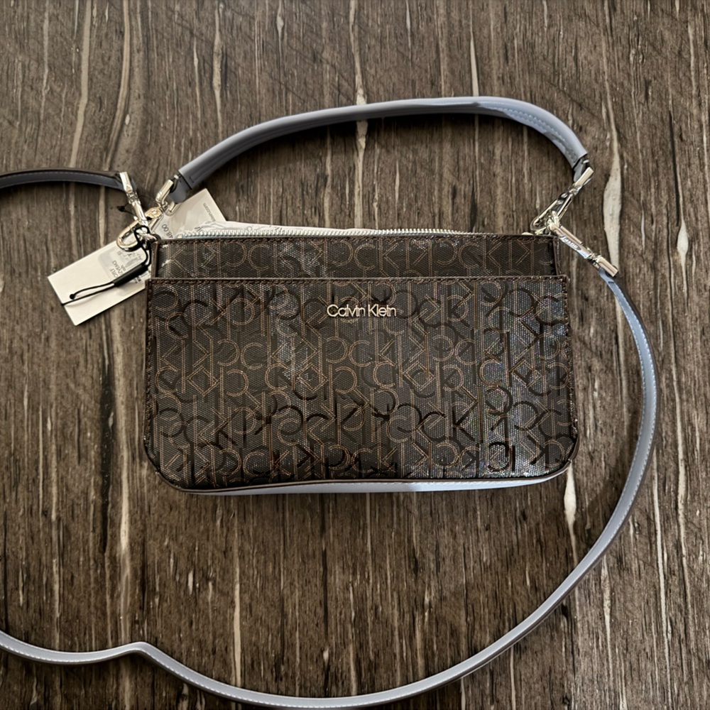 Calvin Klein Brown Monogram Crossbody Purse with Light Blue Strap